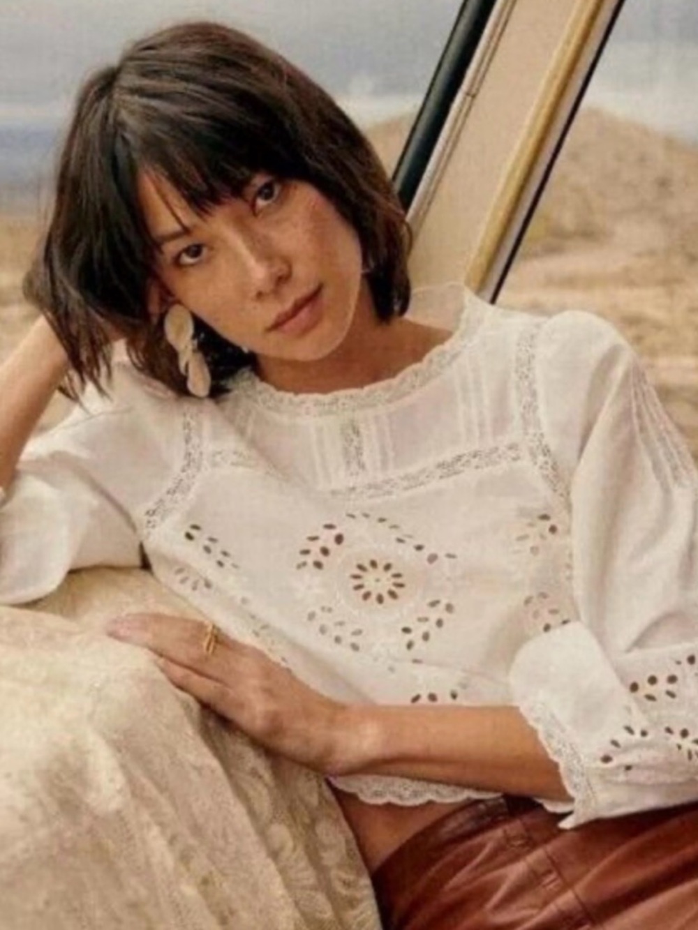 Sezane White Eyelet Lace Blouse